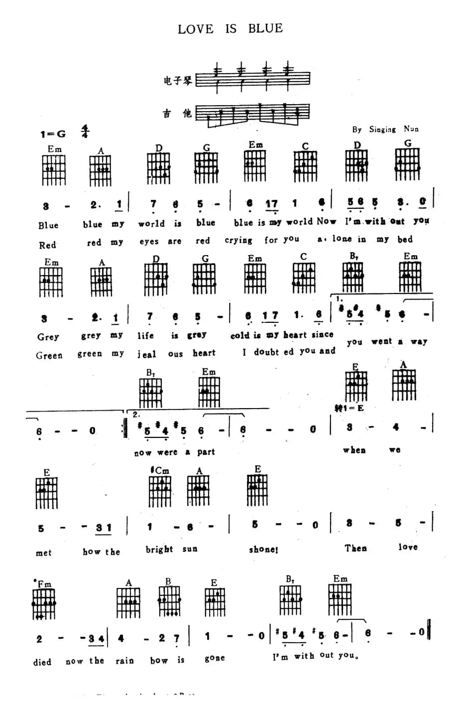 LOVE IS BLUE（电子琴吉他弹唱谱）