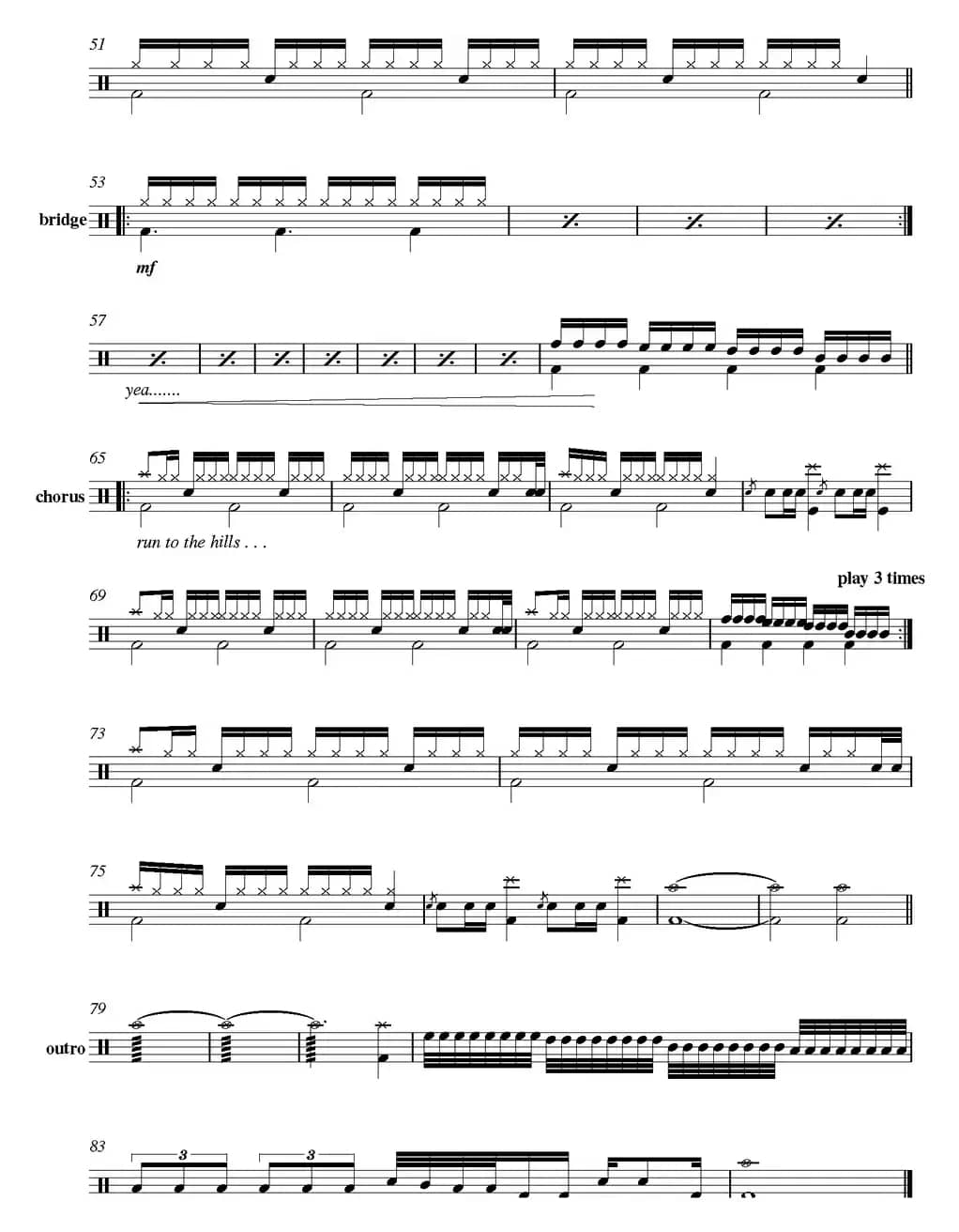 爵士鼓谱：Iron Maiden - Run to the hills