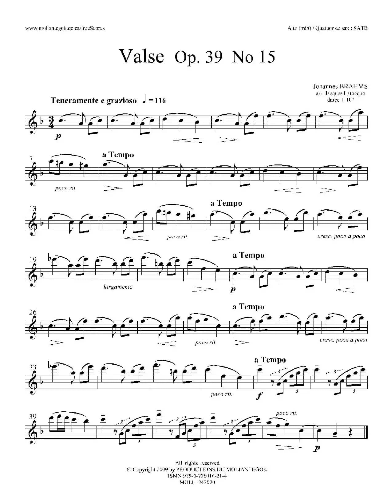 圆舞曲 Op39 No15（四重奏中音萨克斯分谱）