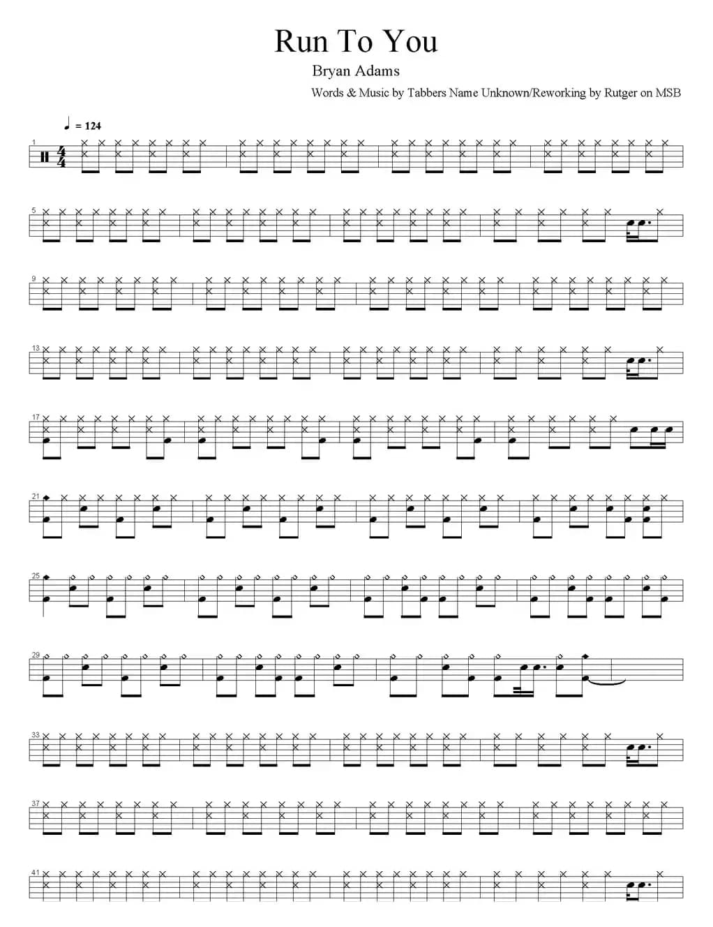 爵士鼓谱：Bryan Adams - Run to you