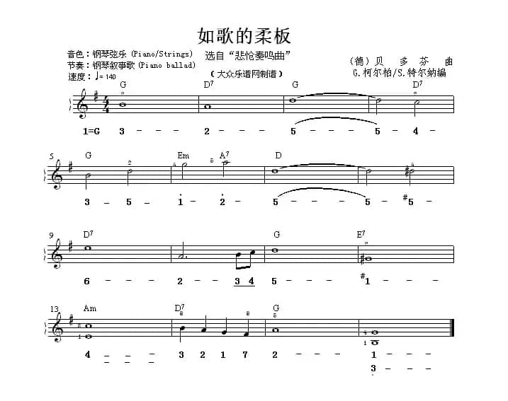 如歌的柔板（选自《悲呛奏鸣曲》）（双谱式电子琴谱）