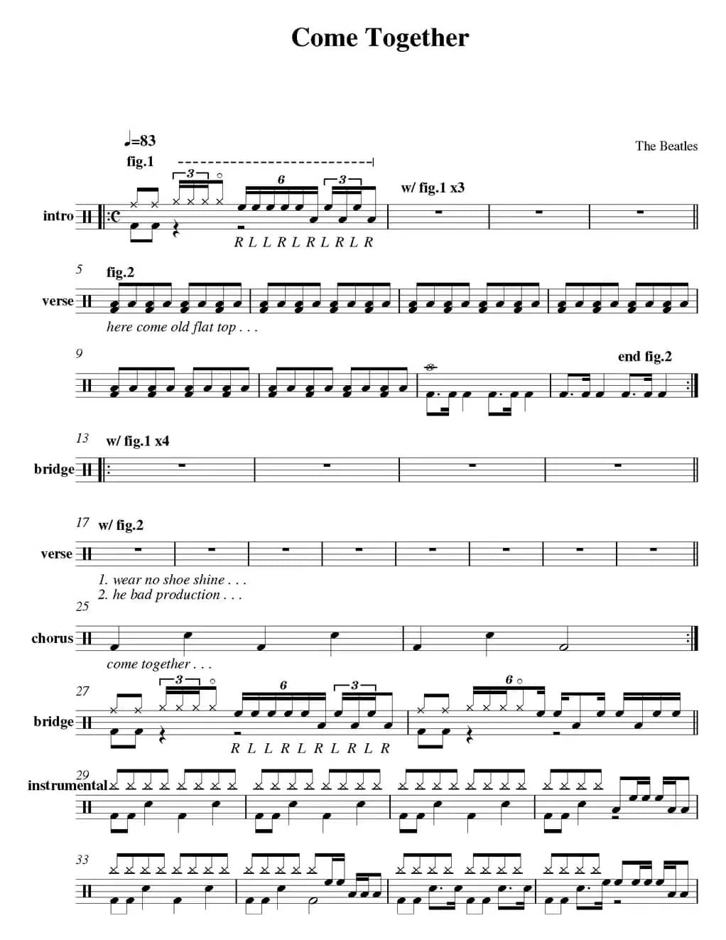 爵士鼓谱：Beatles - Come together