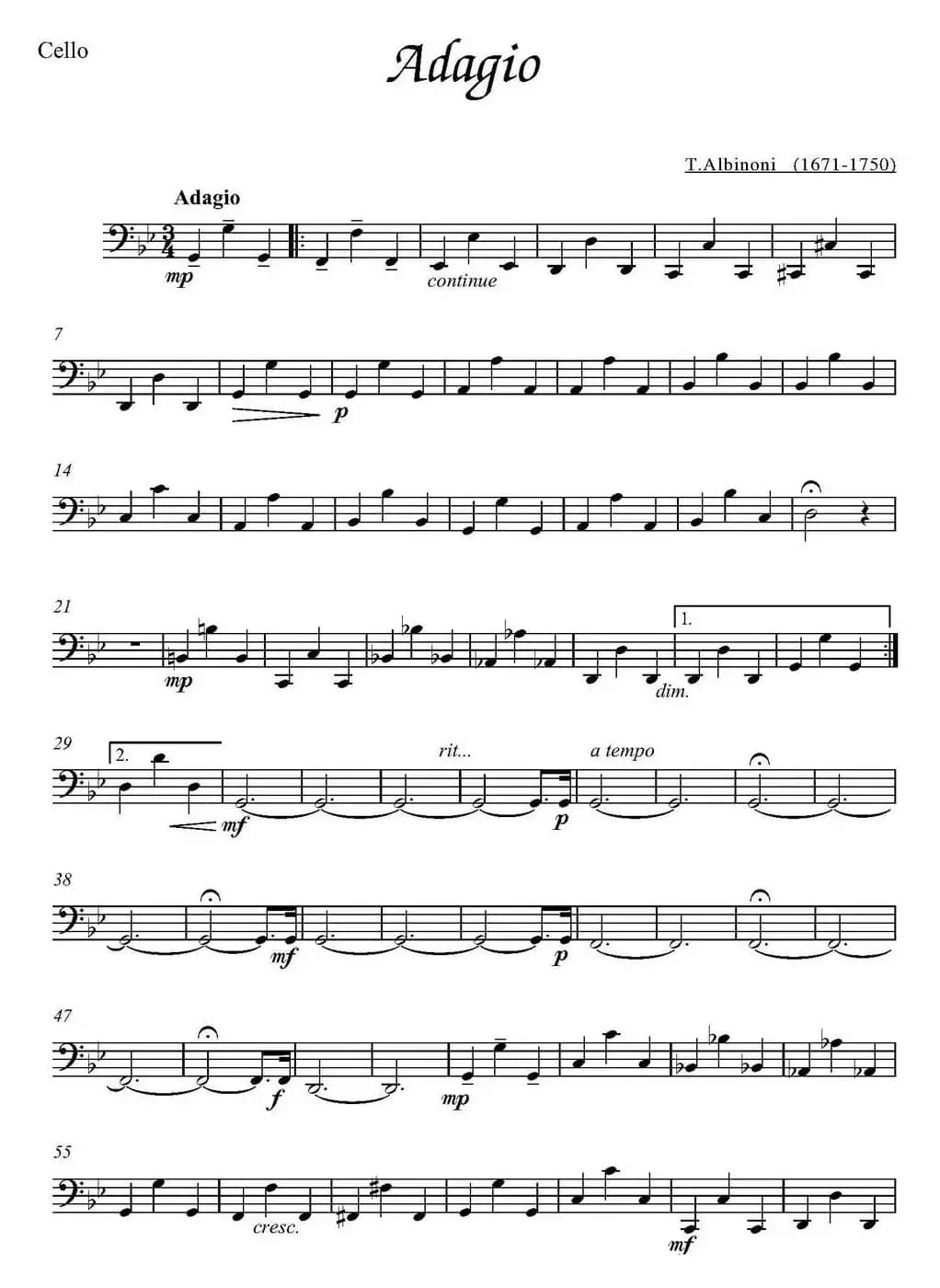 Adagio（大提琴分谱、T.Albinoni作曲版）