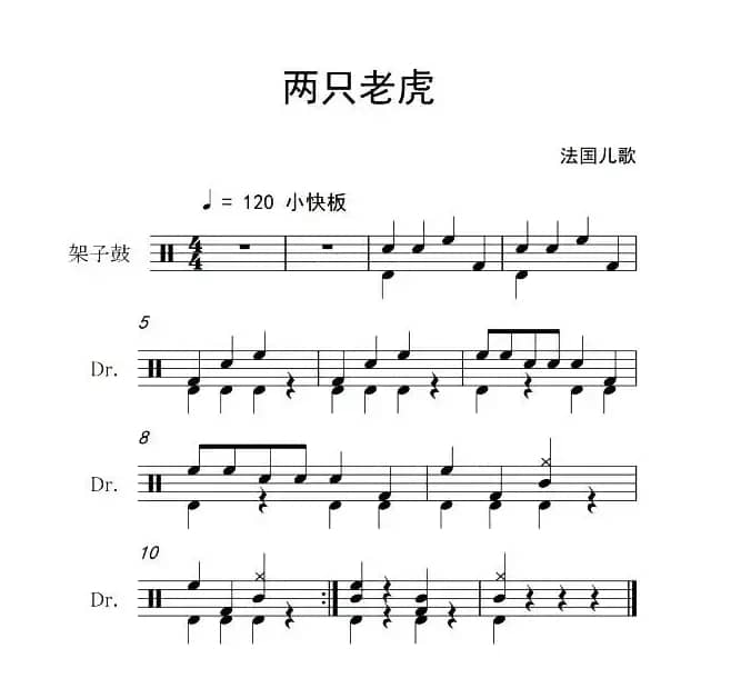 两只老虎（架子鼓谱）