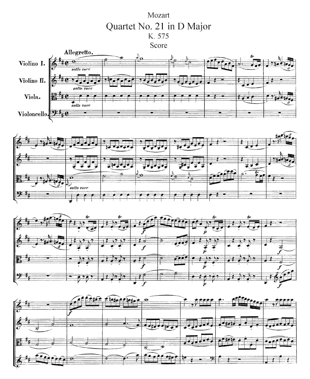 Mozart《Quartet No.21 in D Major,K.575》（总谱）