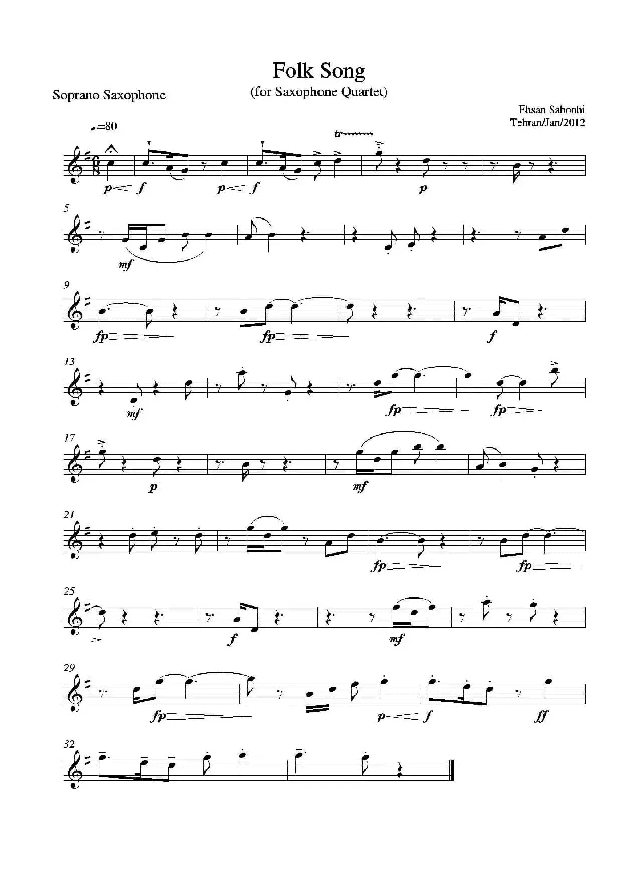 Folk Song（四重奏高音萨克斯分谱）