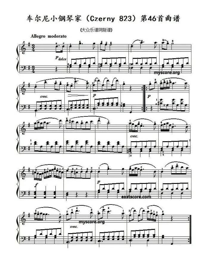 车尔尼《小钢琴家》（Czerny 823）第46首曲谱（曲谱及练习提示）