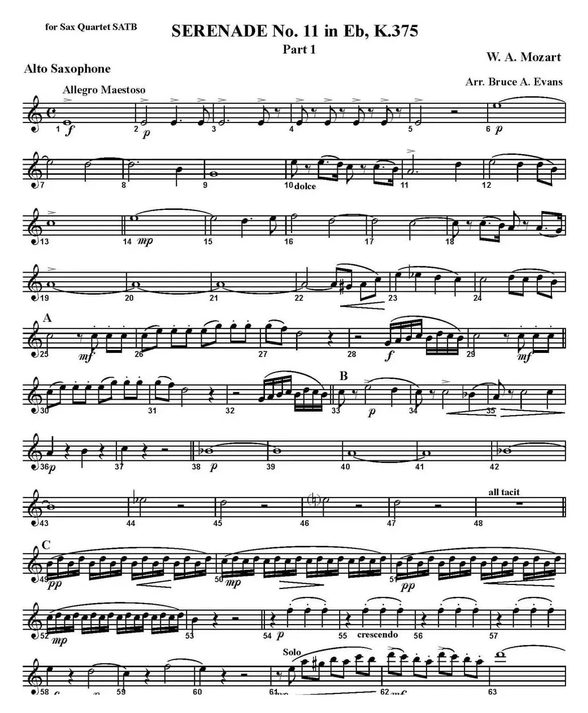 SERENADE No.11 in Eb，K.375 Part 1（四重奏·中音萨克斯分谱）