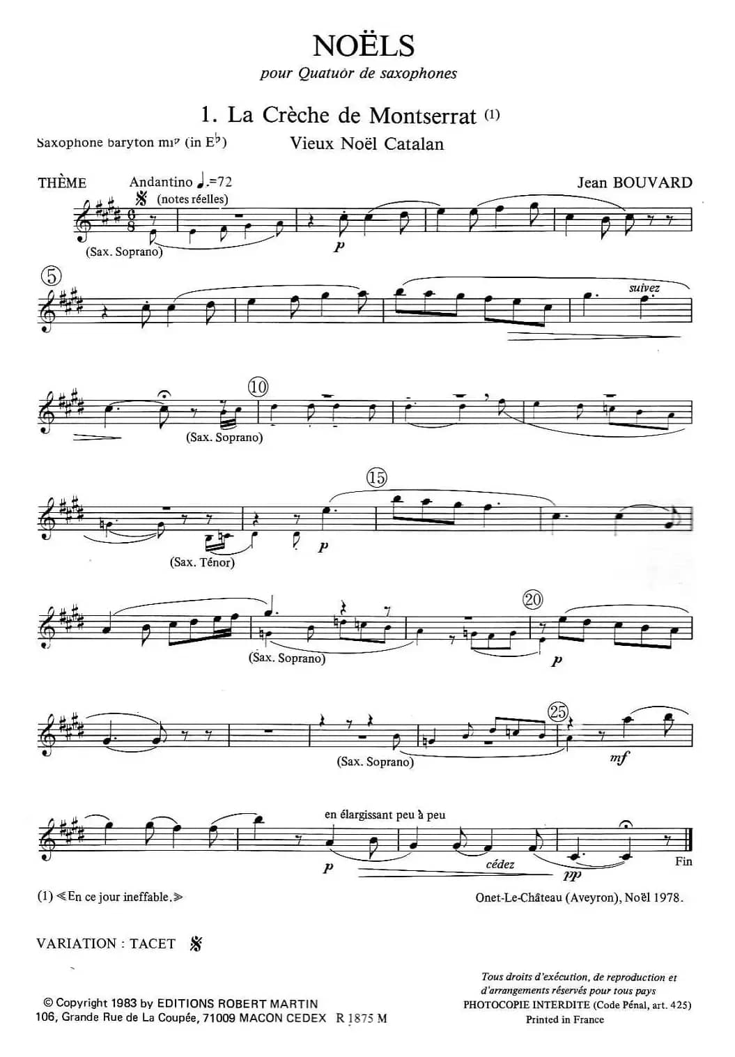 jean Bouvard 编写的6首萨克斯四重奏（低音萨克斯分谱）