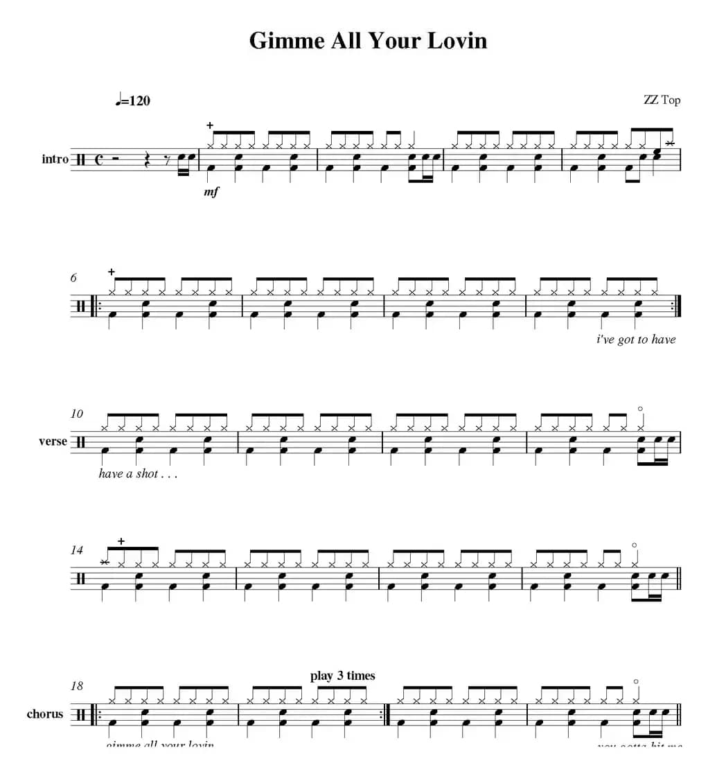 爵士鼓谱：Gimme all your lovin