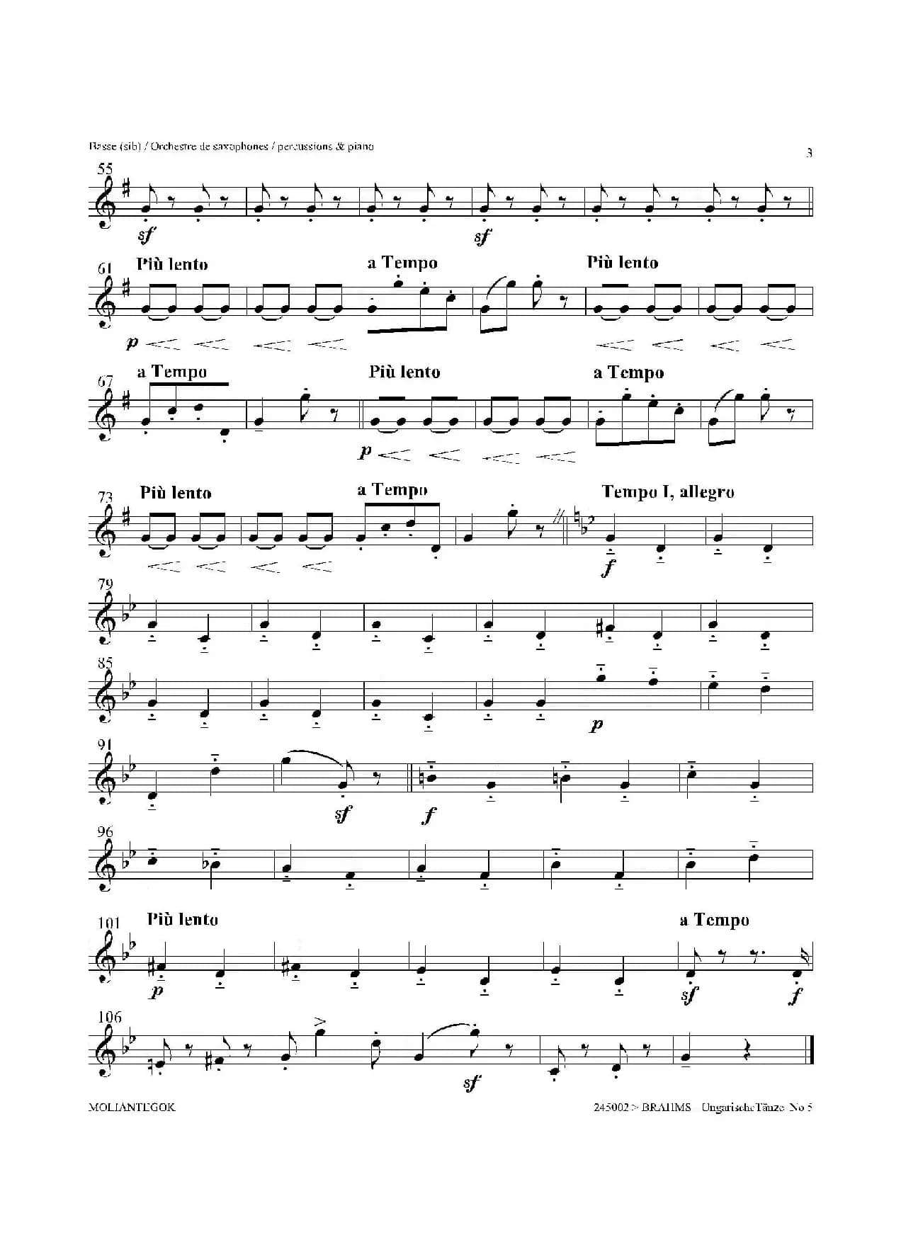 Ungarische Tnze No 5（十五重奏Basse分谱）