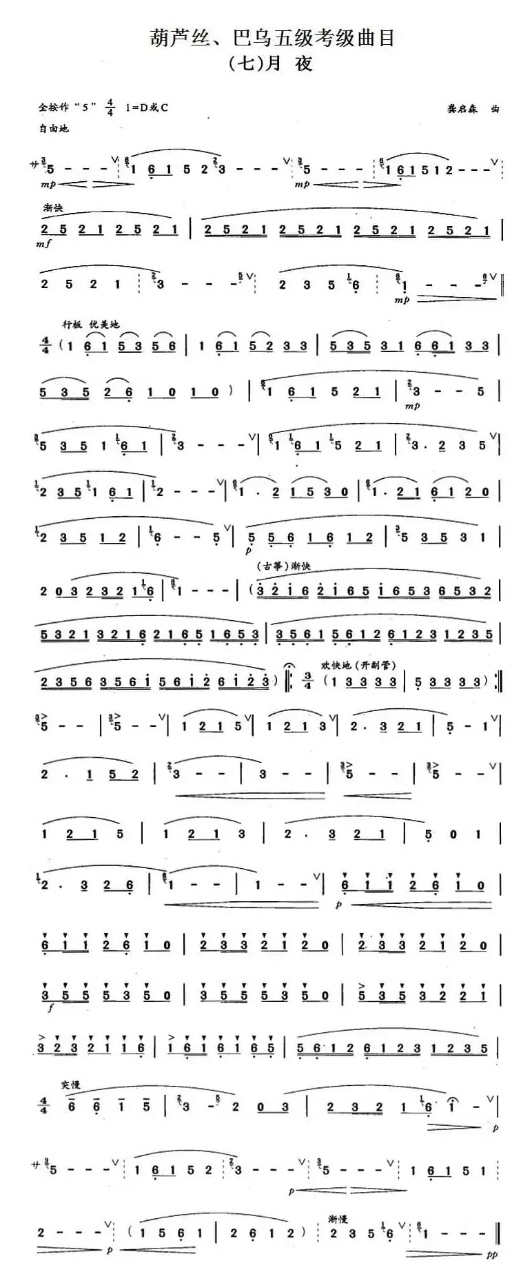 葫芦丝、巴乌五级考级曲目：月夜