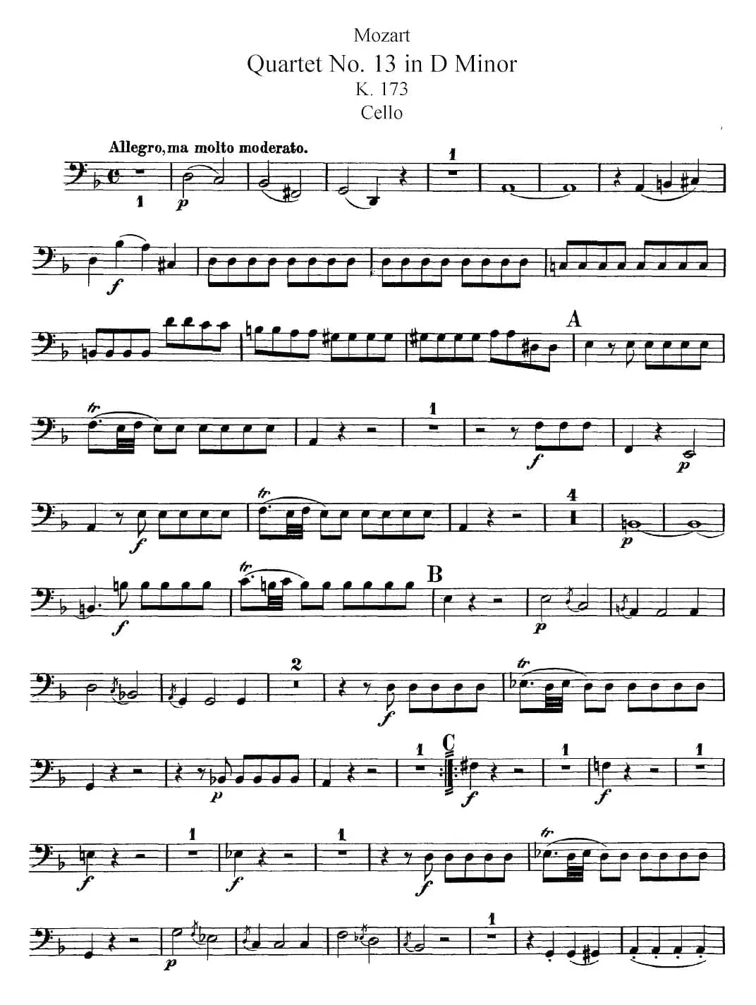 Mozart《Quartet No.13 in D Minor,K.173》（Cello分谱）