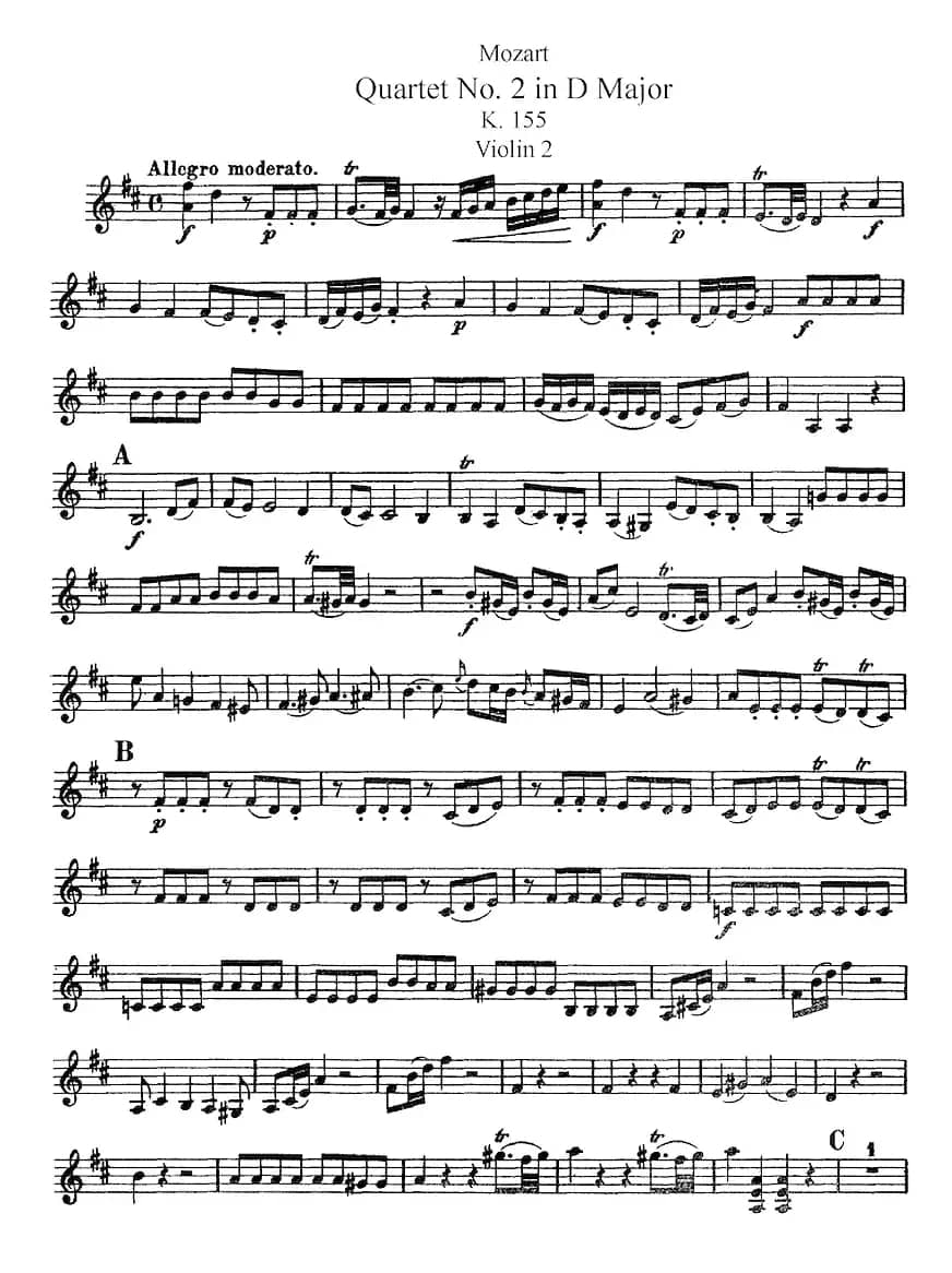 Mozart《Quartet No.2 in D Major,K.155》（Violin 2分谱）