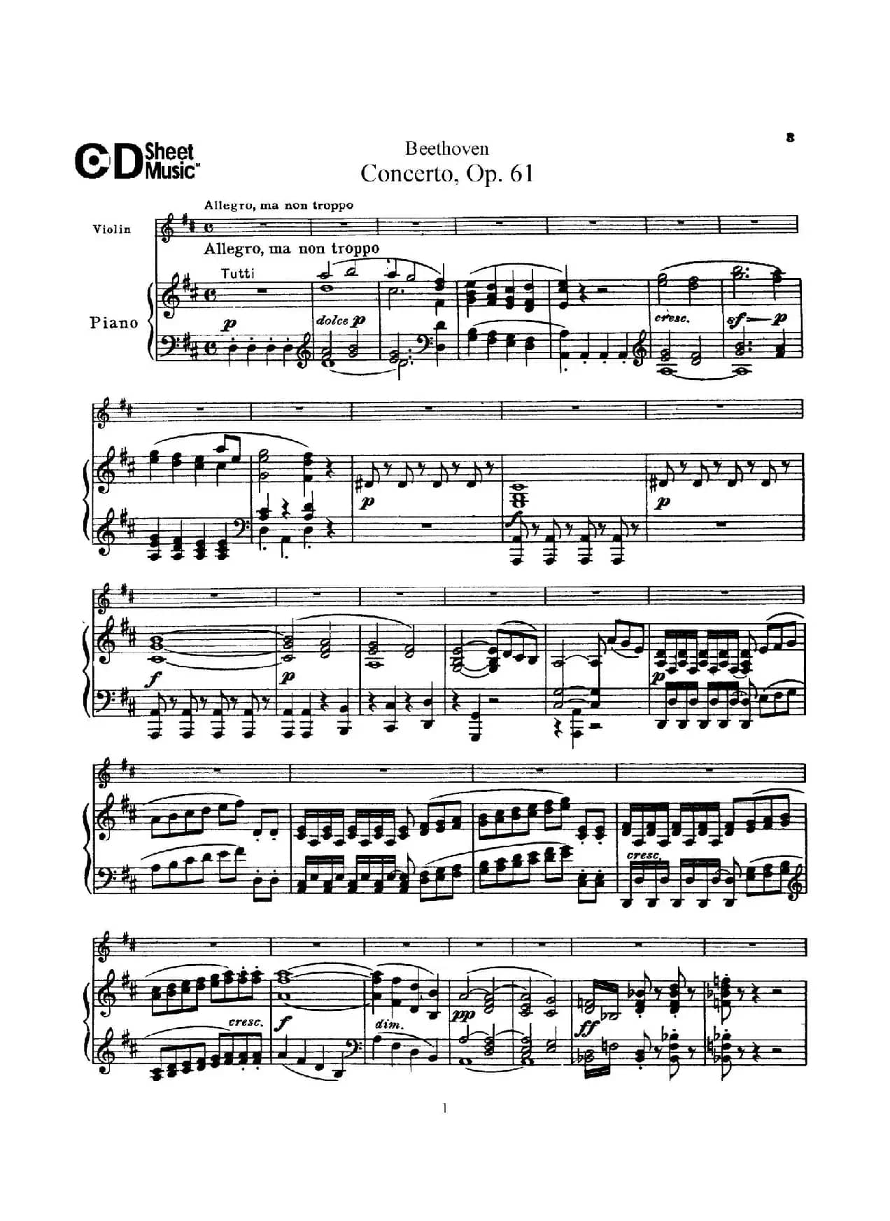 D大调小提琴协奏曲 Op.61（小提琴与钢琴版）