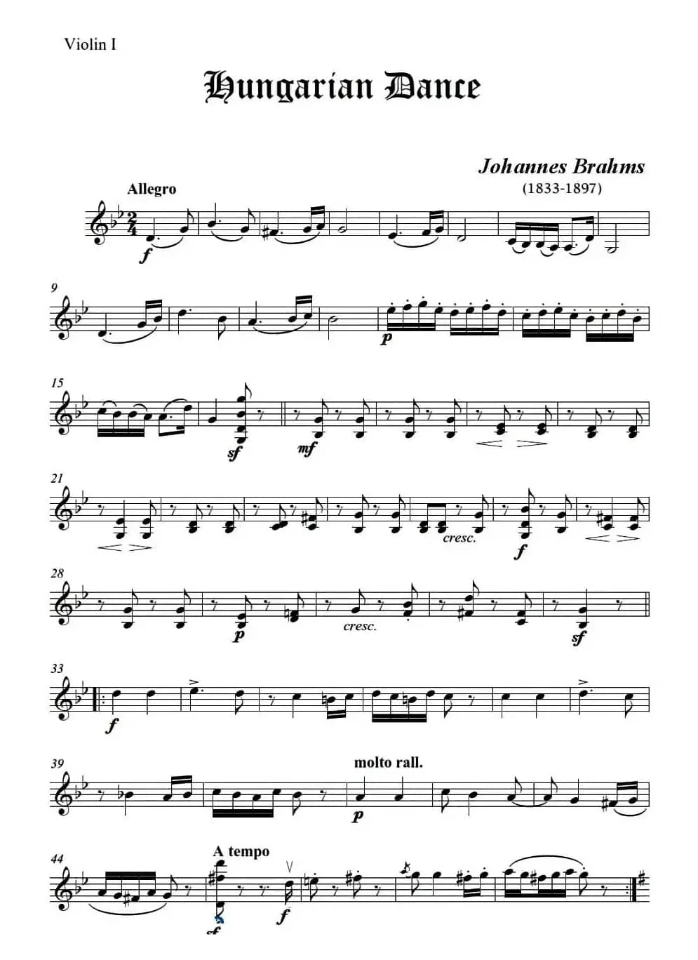 匈牙利舞曲（弦乐四重奏第一小提琴分谱）