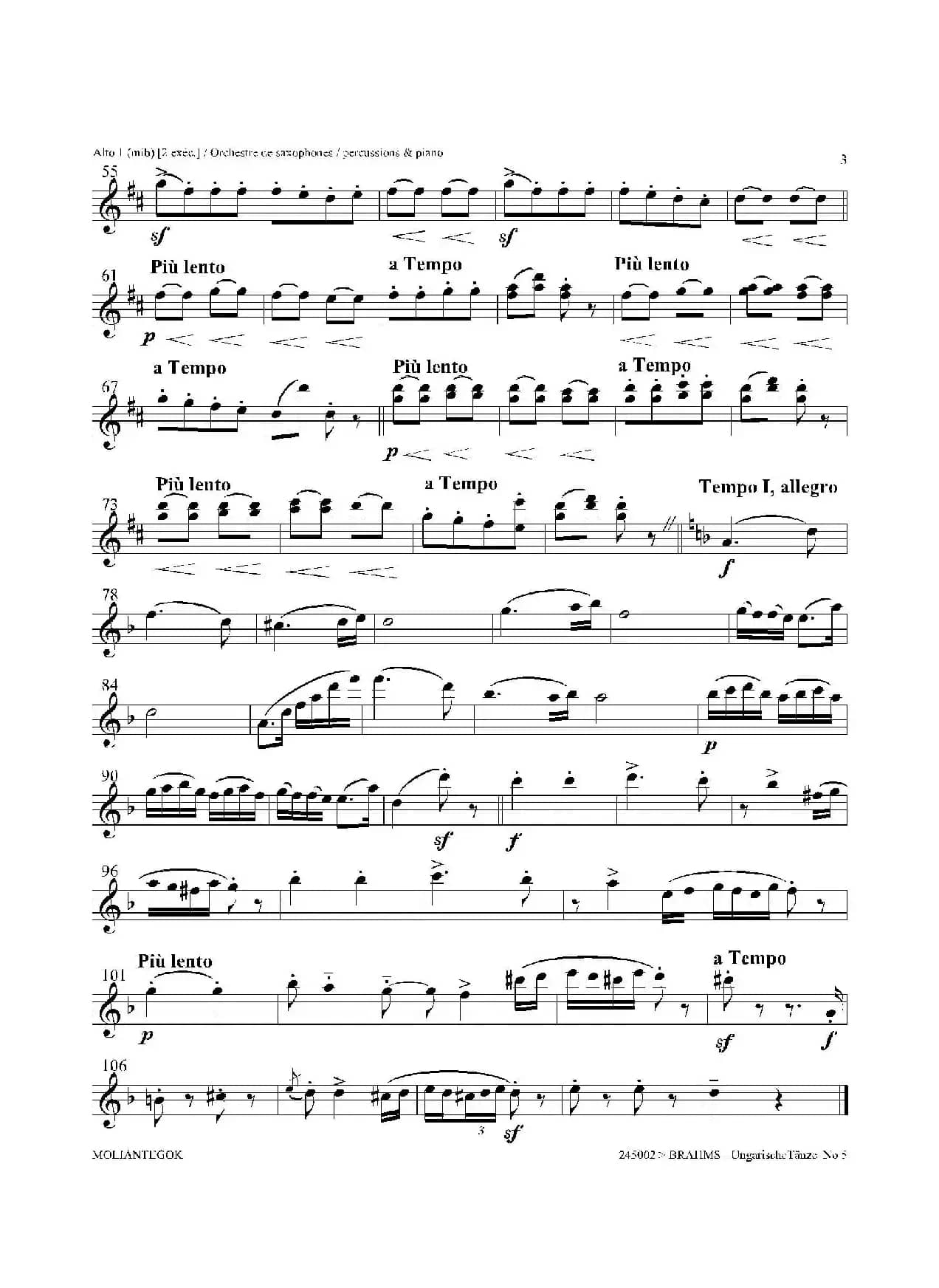 Ungarische Tnze No 5（十五重奏​Alt.1-2-3​分谱）