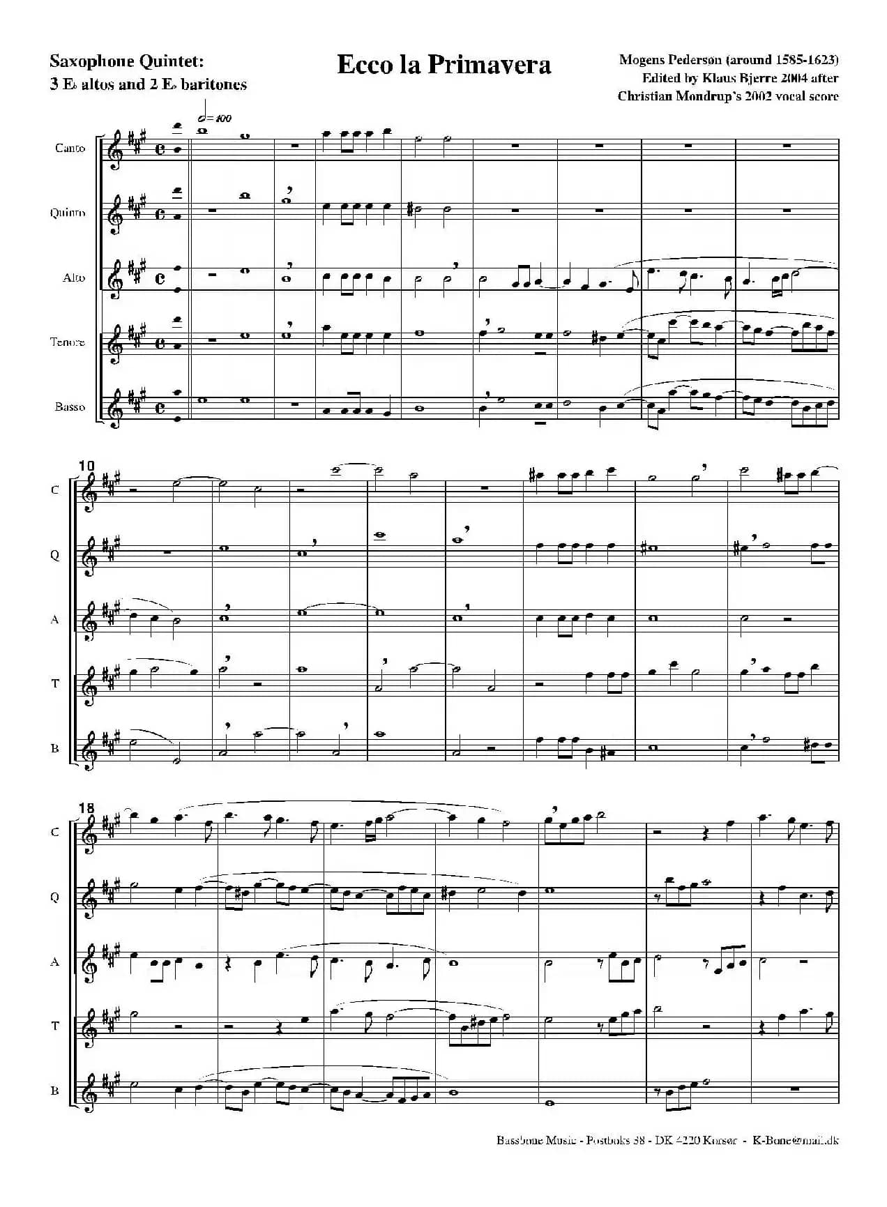 Ecco La Primavera（五重奏）