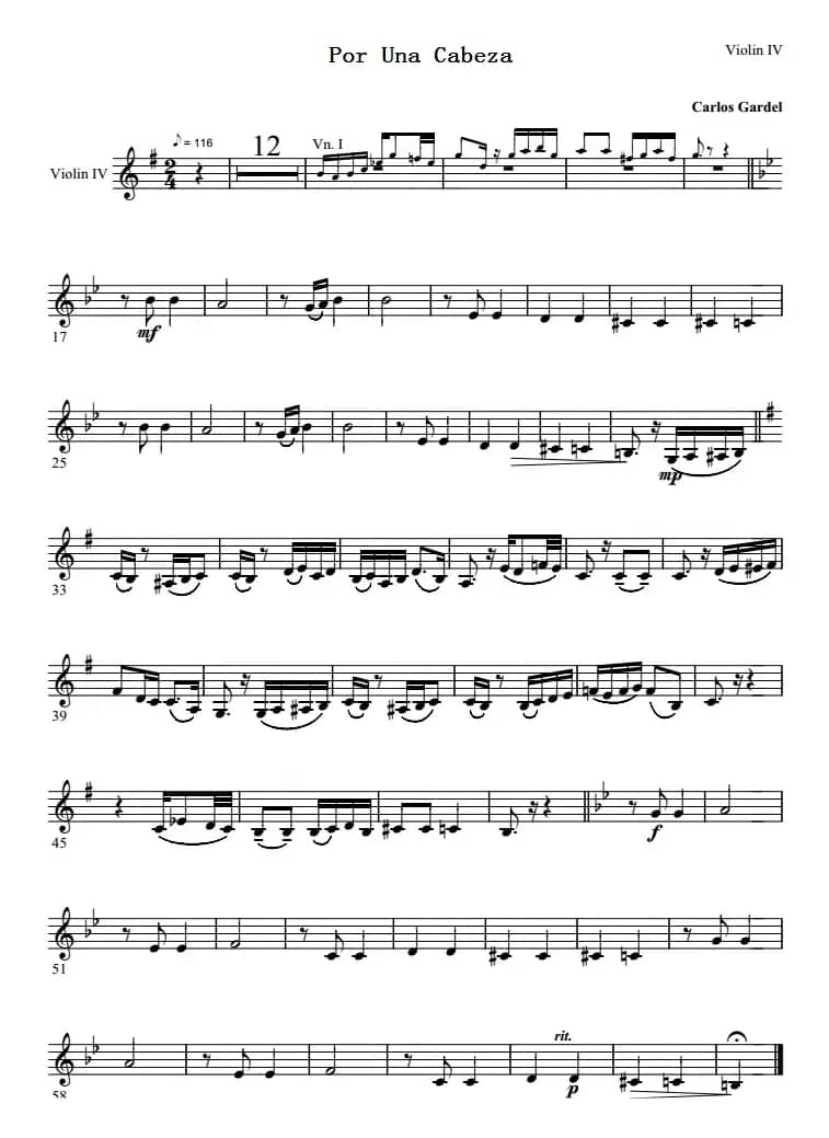Por Una Cabeza 一步之遥（第四小提琴分谱）