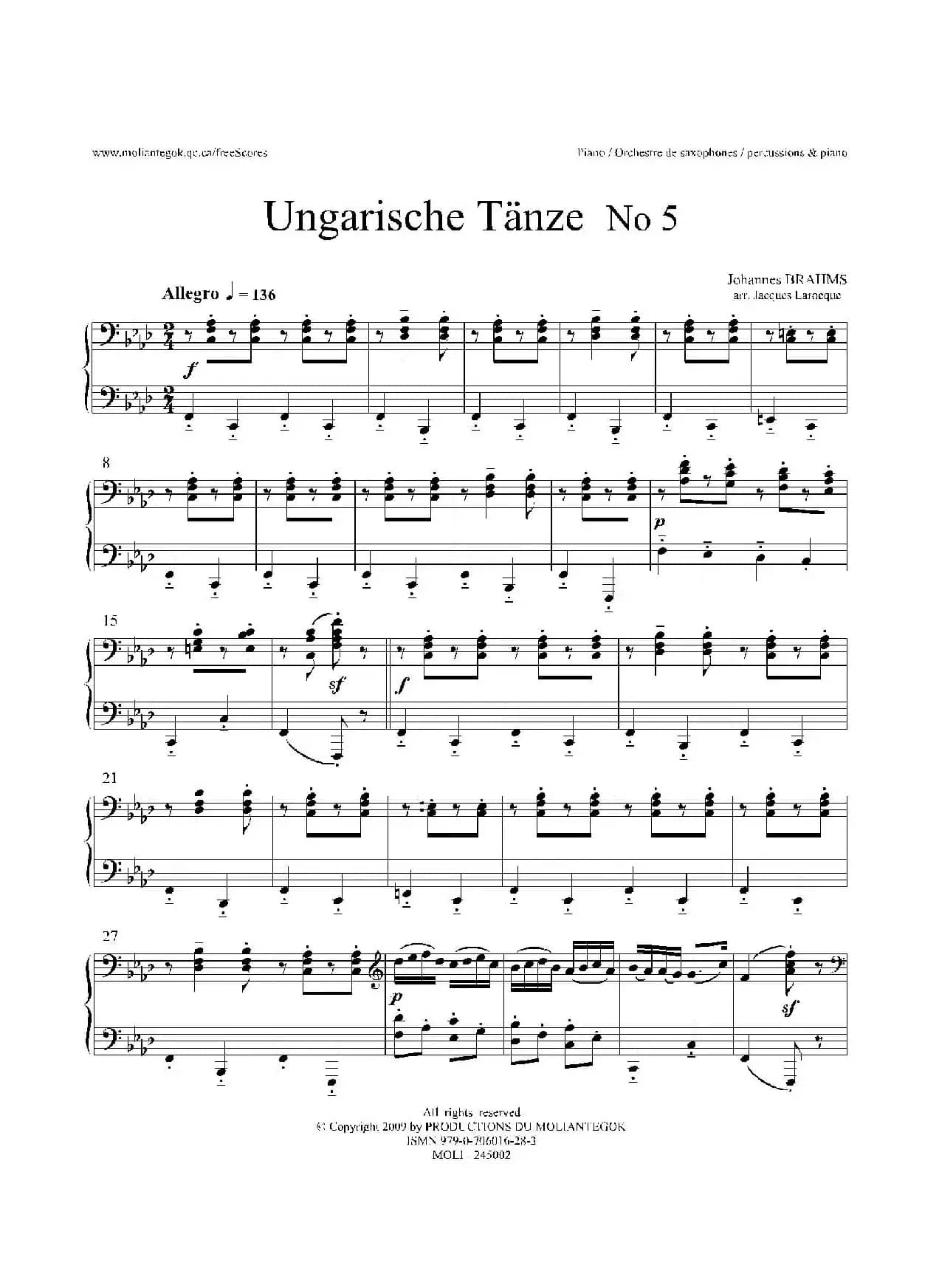 Ungarische Tnze No 5（十五重奏​Piano分谱）