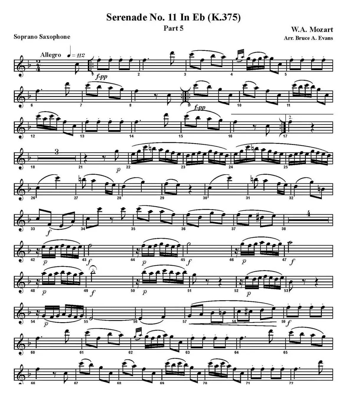 SERENADE No.11 in Eb，K.375 Part 5（四重奏·高音萨克斯分谱）