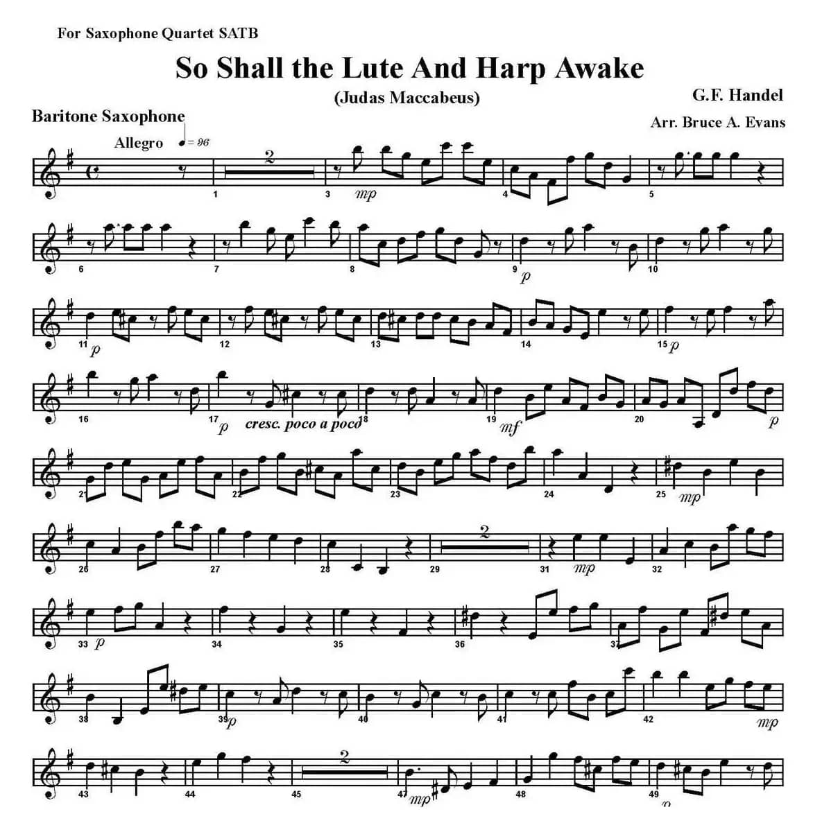 So Shall the Lute And Harp Awake（四重奏·上低音萨克斯分谱）