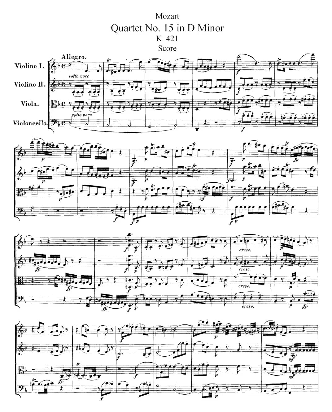 Mozart《Quartet No.15 in D Minor,K.421》（总谱）