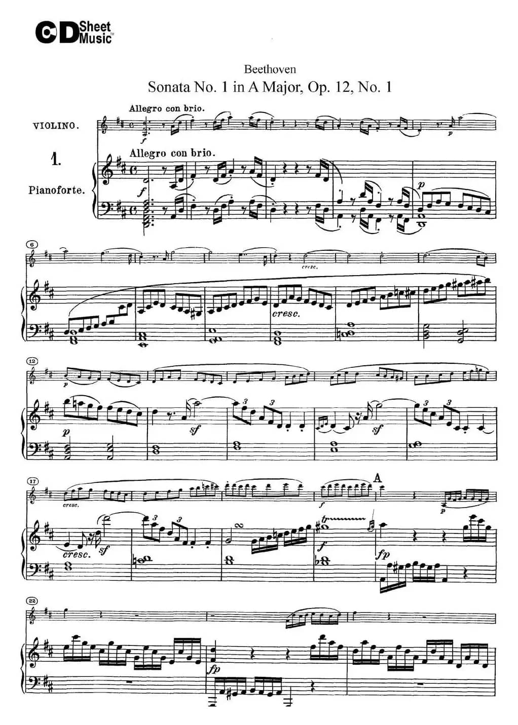 Violin Sonata No.1 in D Major Op.12 No.1（小提琴+钢琴伴奏）