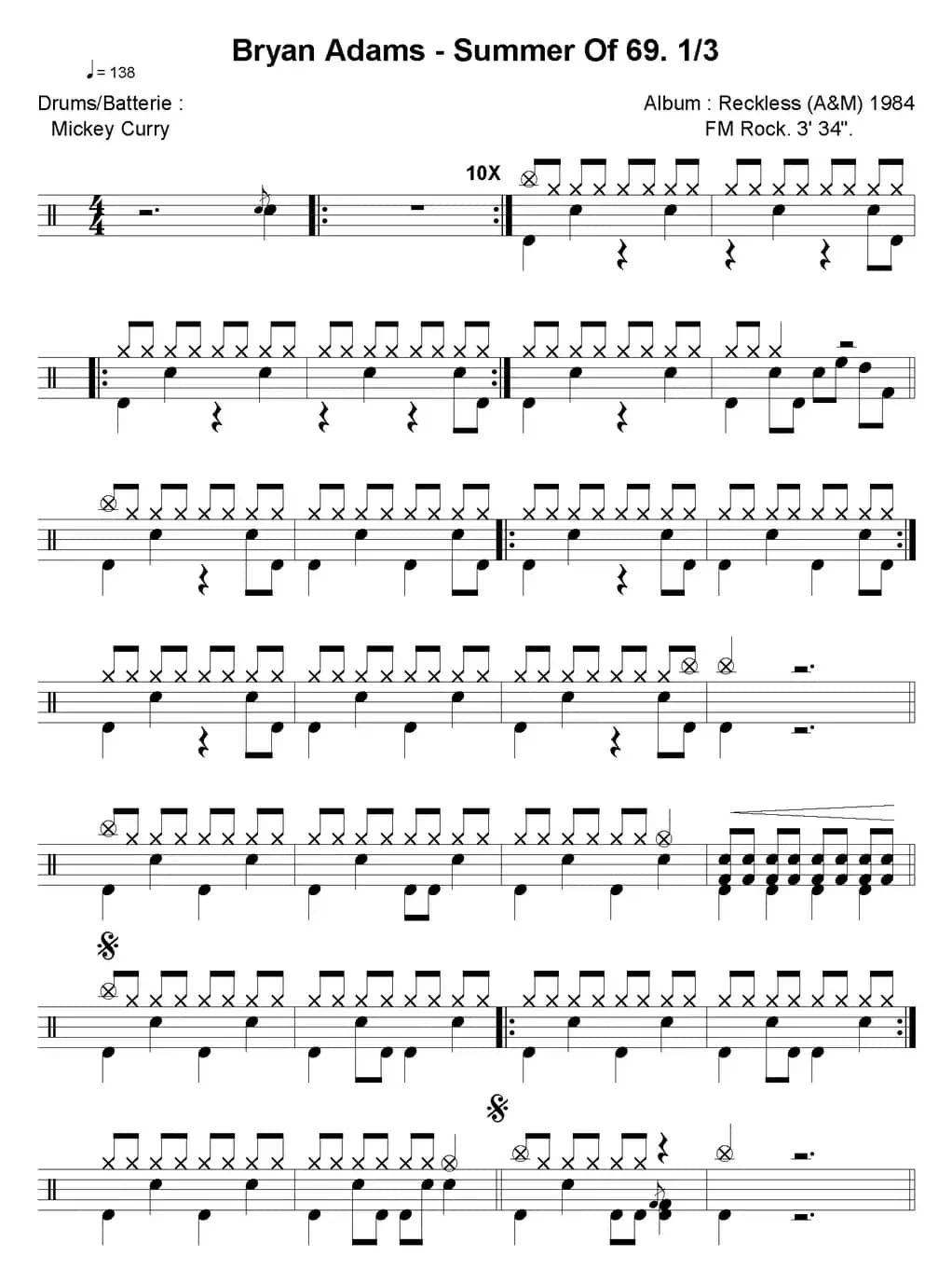 爵士鼓谱：Bryan Adams-Summer of 69