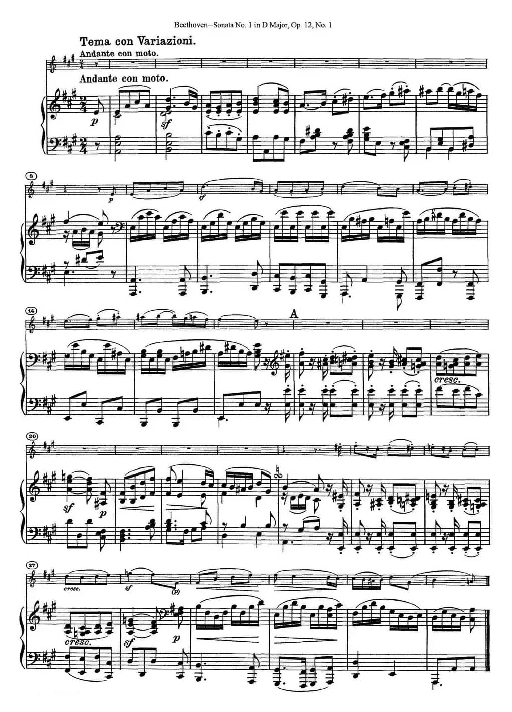 Violin Sonata No.1 in D Major Op.12 No.1（小提琴+钢琴伴奏）