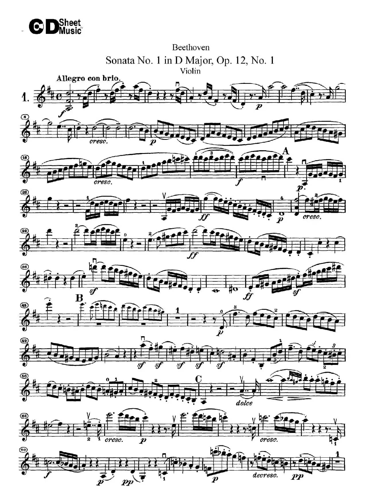 D大调第一小提琴奏鸣曲（Sonata No.1 in D Major Op.12,No.1）