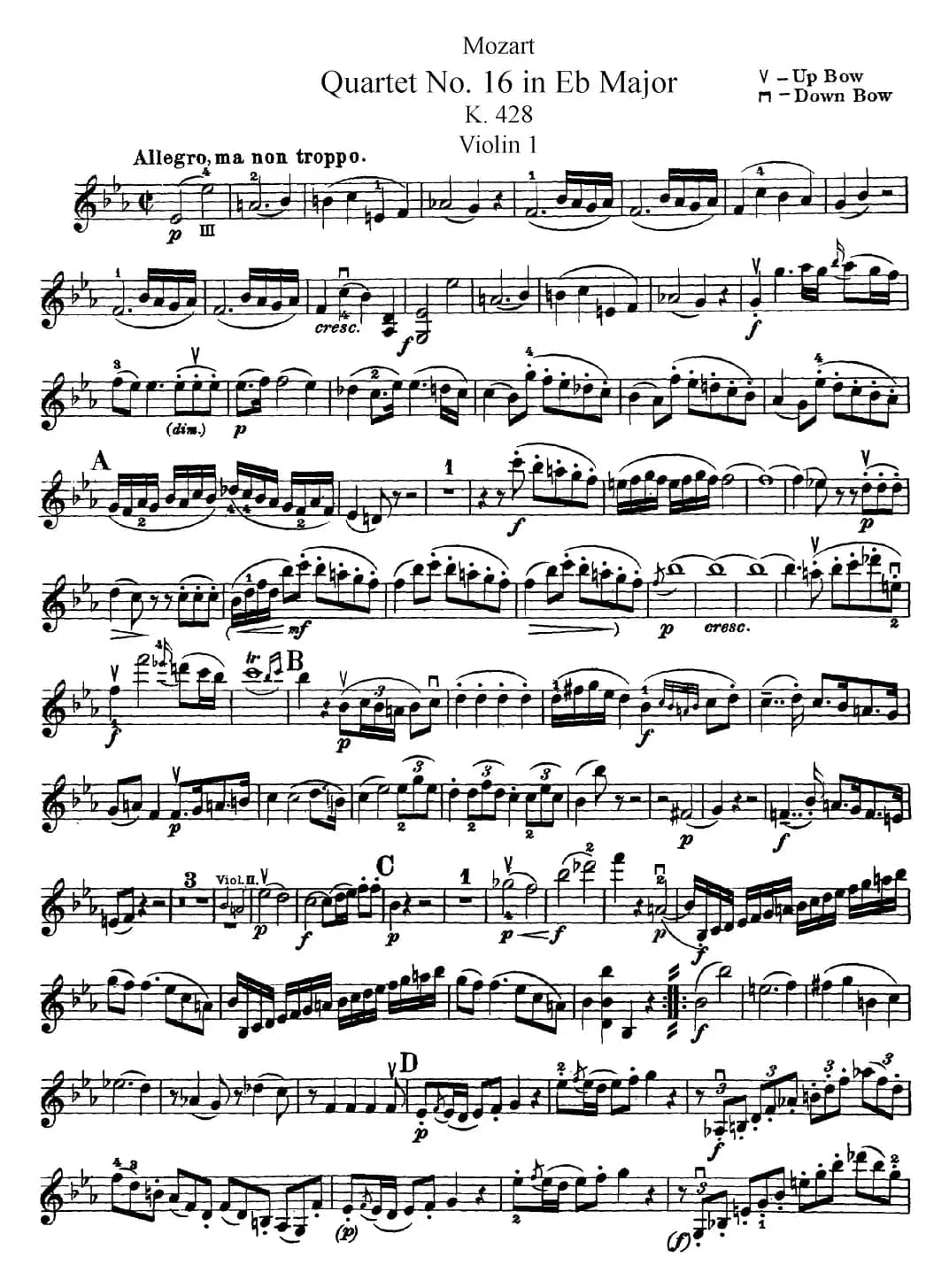 Mozart《Quartet No.16 in Eb Major,K.428》（Violin 1分谱）