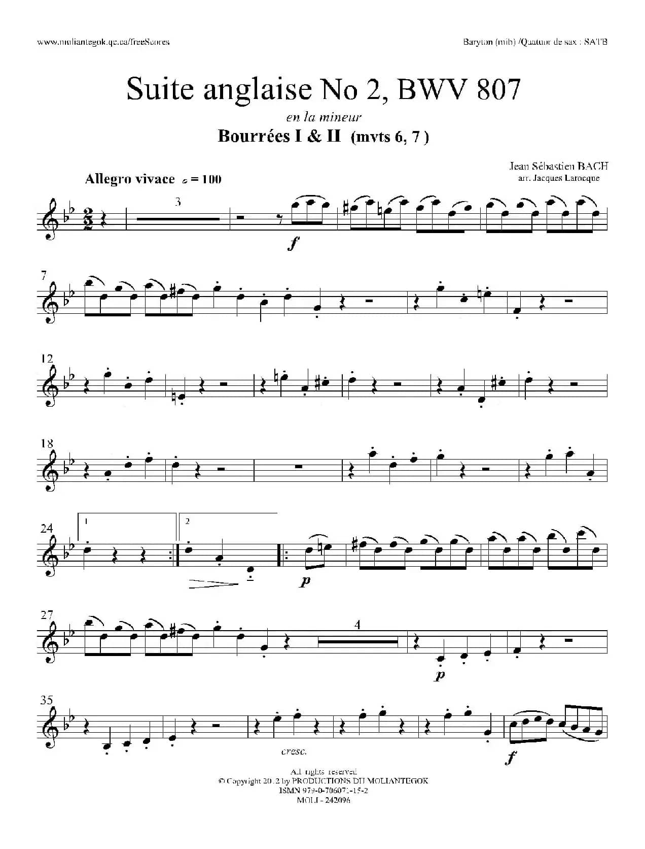 Suite anglaise No 2,BWV 807（法国组曲之二·布列舞曲）（上低音萨克斯分谱）