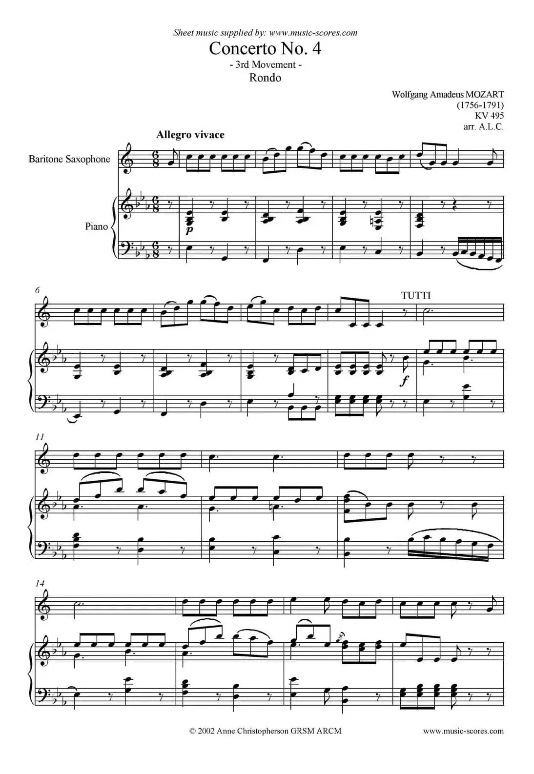 Mozart：Concerto KV495 No.4-3st Rondo 回旋曲（上低音萨克斯+钢琴伴奏）