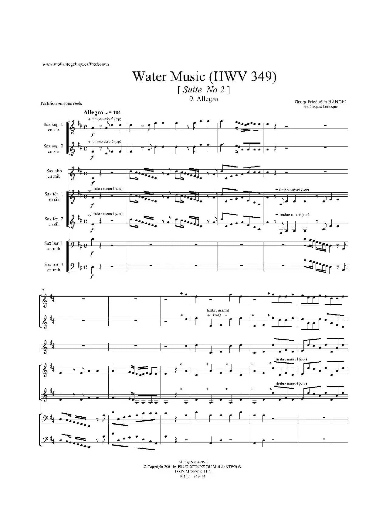 Water Music（HWV.349 No.2）（萨克斯合奏总谱）