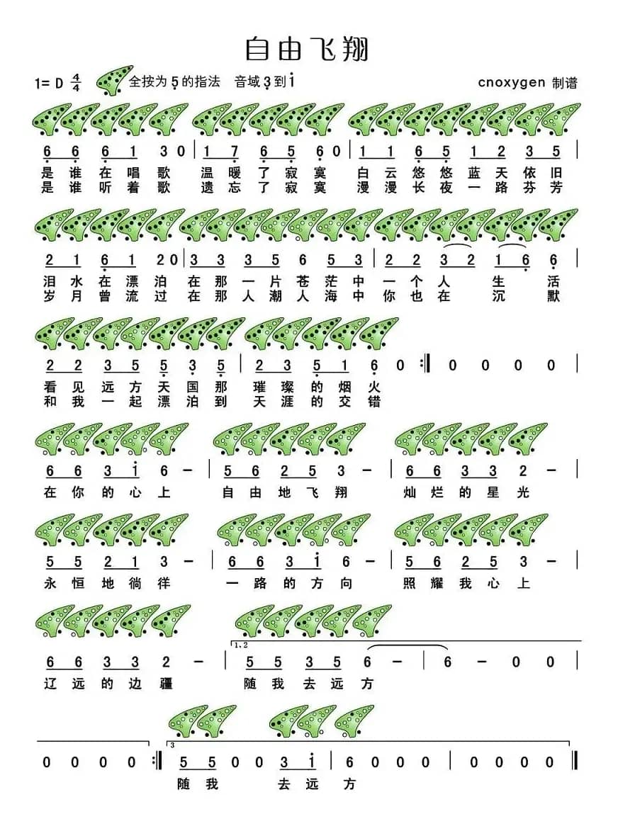 自由飞翔（十二孔陶笛谱）