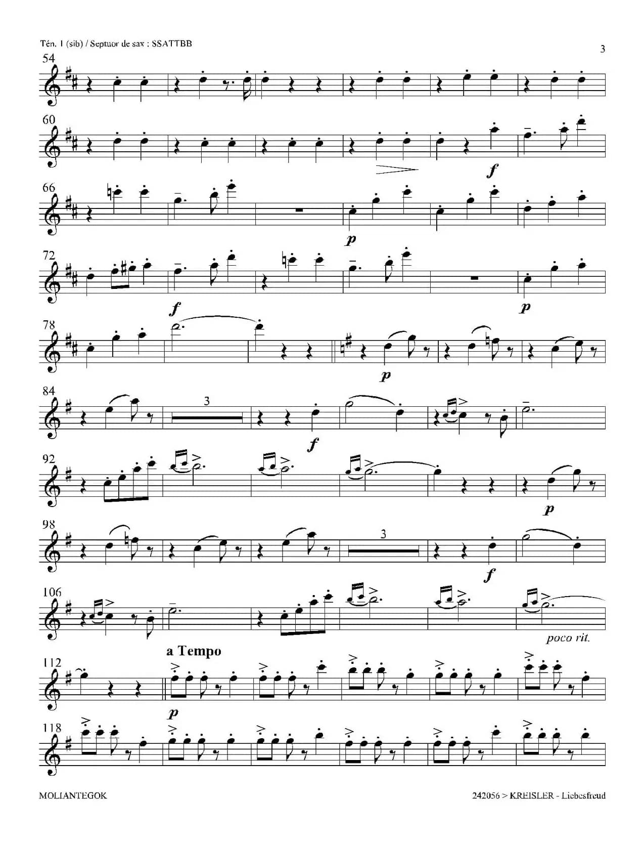 Liebesfreud（四重奏第一次中音萨克斯分谱）