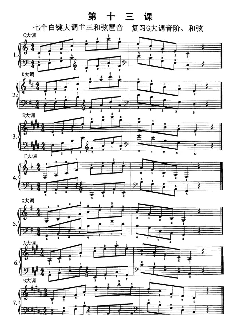 钢琴综合教程：第十三课 七个白键大调主三和弦琶音 复习G大调音阶、和弦