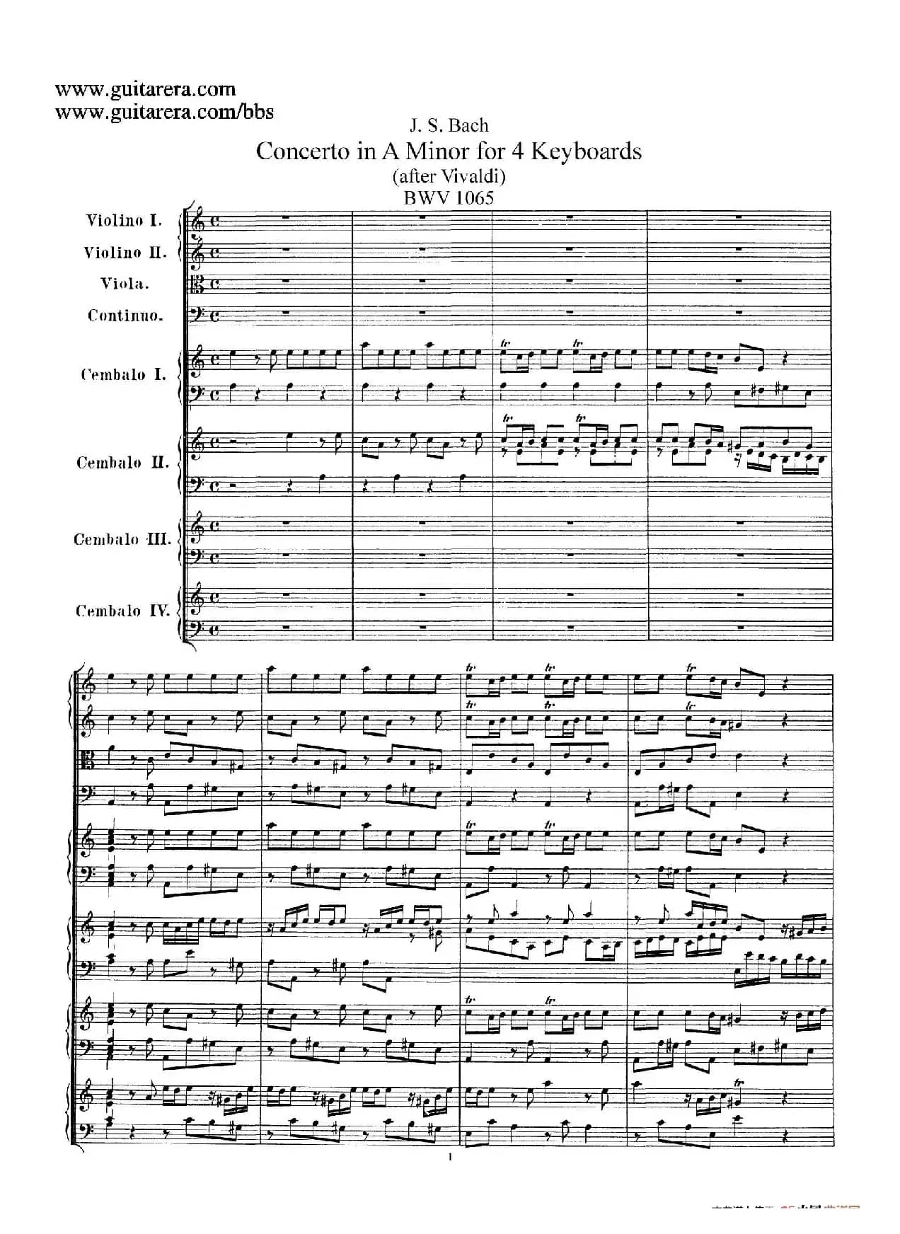 为四架古钢琴而作的a小调协奏曲 BWV 1065（总谱）