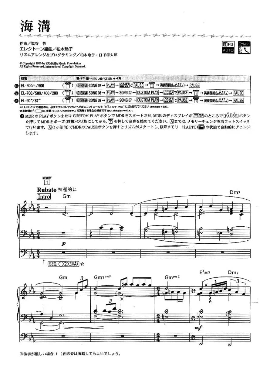 海沟（双排键电子琴谱）