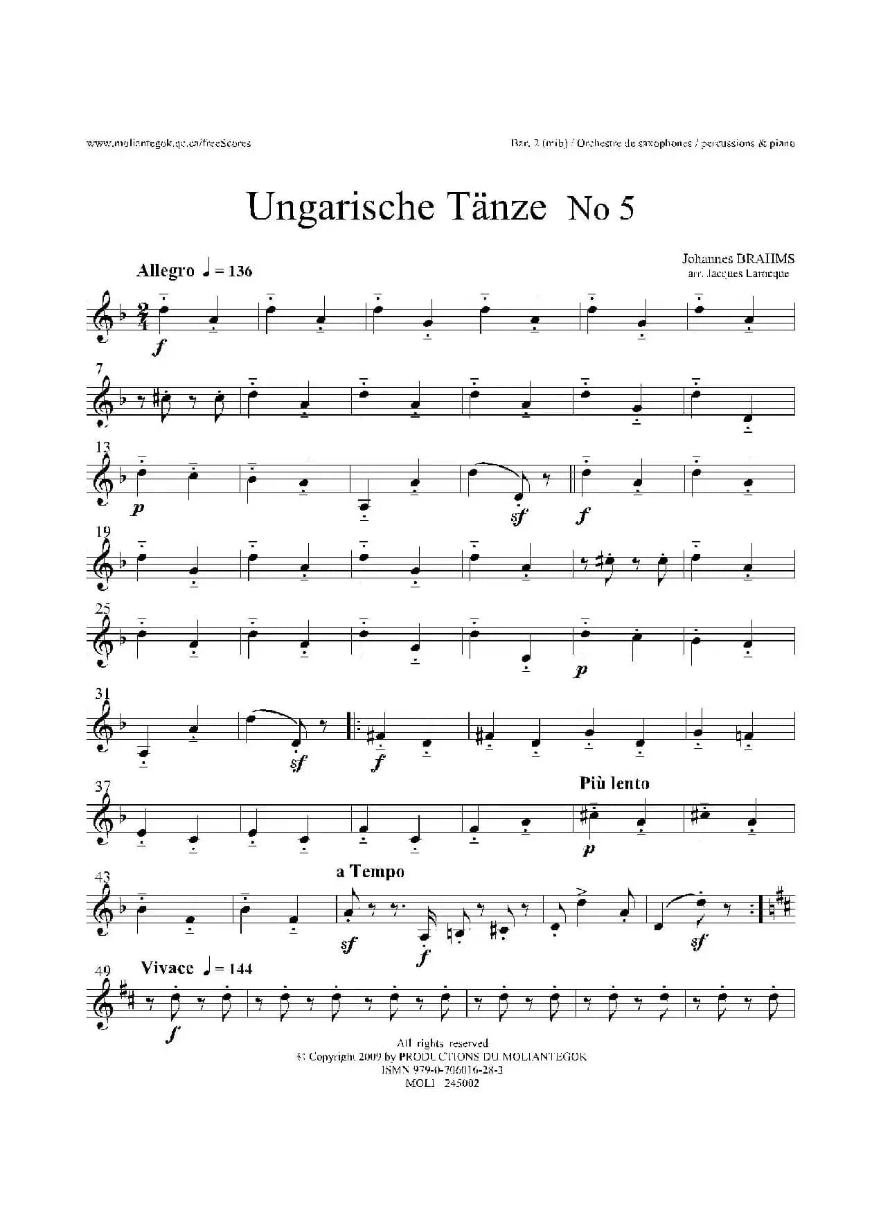 Ungarische Tnze No 5（十五重奏Bar.1-2-3分谱）