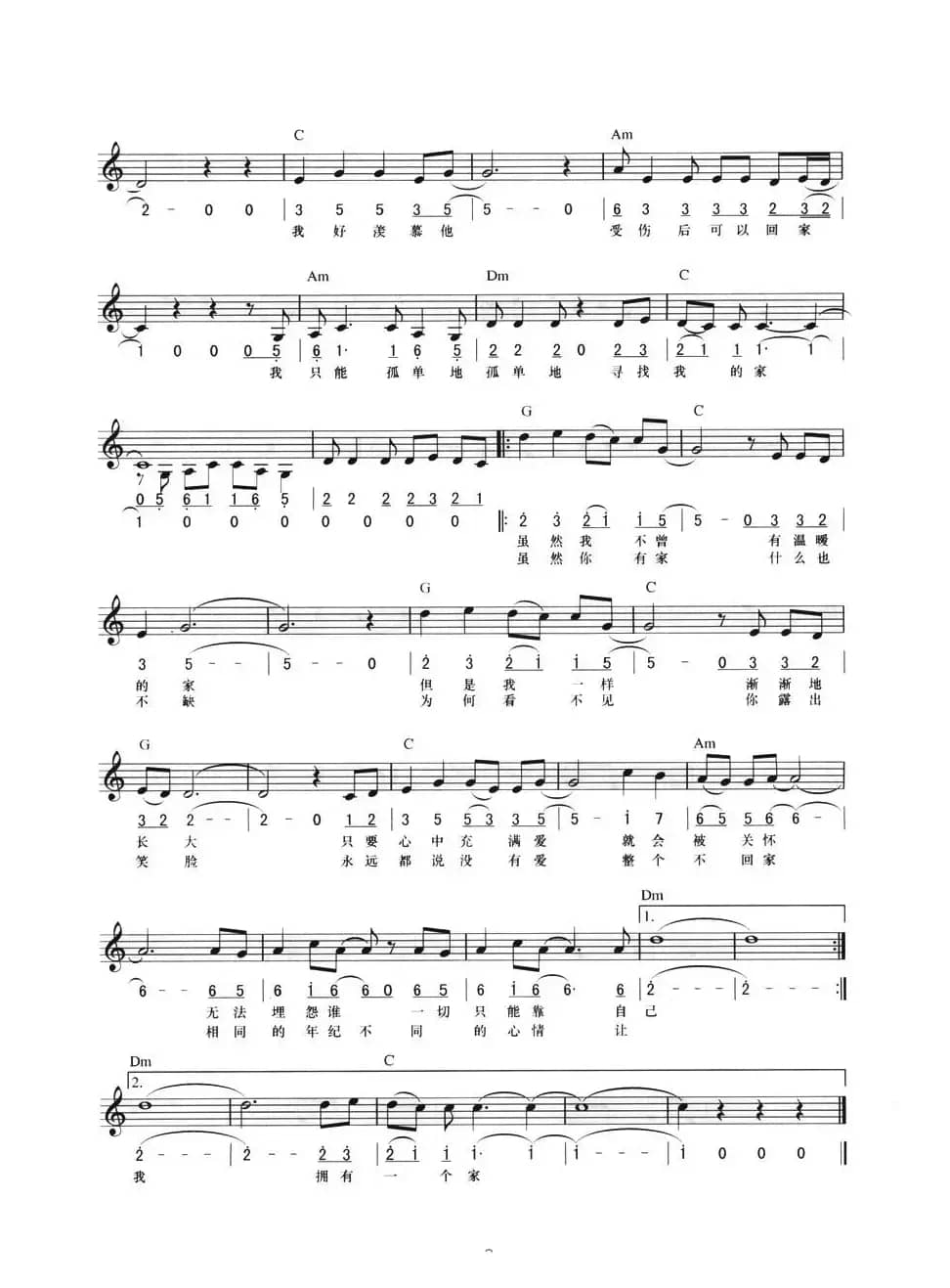 我想有个家（线简混排弹唱谱）