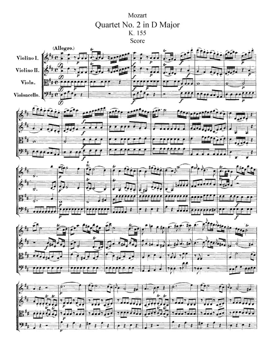 Mozart《Quartet No.2 in D Major,K.155》（总谱）