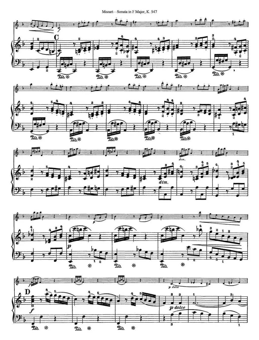 Violin Sonata in F Major K.547（小提琴+钢琴伴奏）