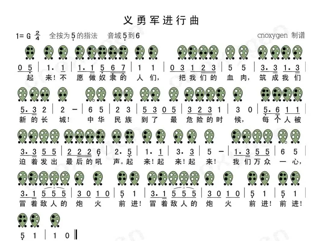 义勇军进行曲（六孔陶笛谱）