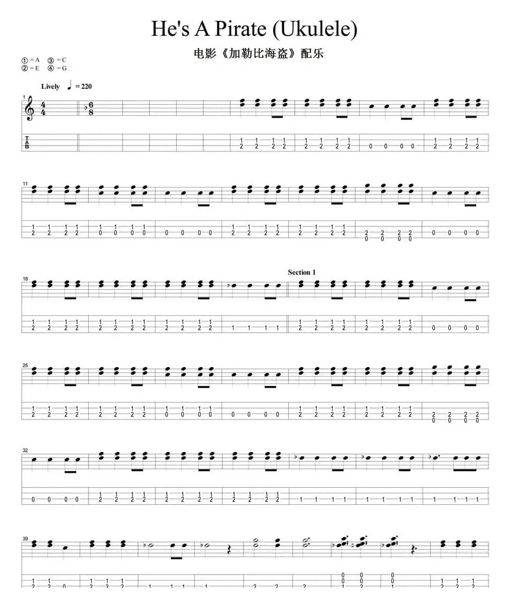 He's a Pirate（尤克里里指弹谱、电影《加勒比海盗》配乐）