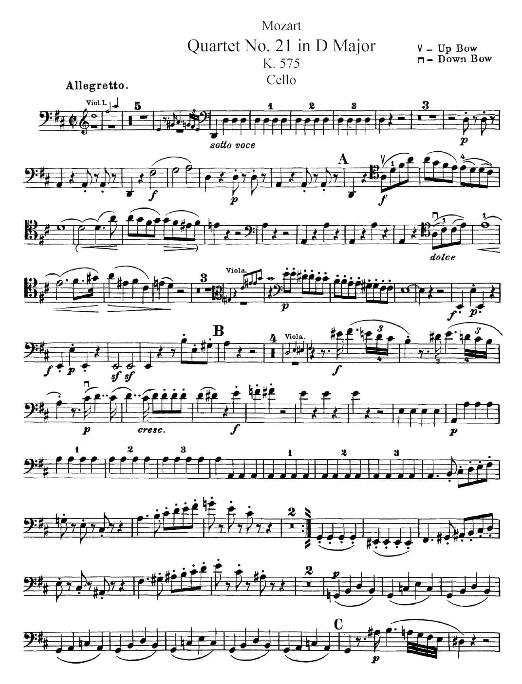 Mozart《Quartet No.21 in D Major,K.575》（Cello分谱）
