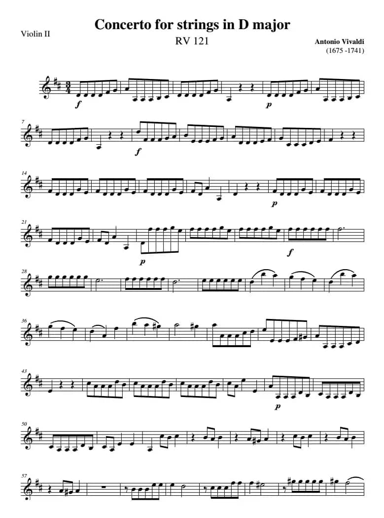 Concerto for strings in D Major（RV121、Violin Ⅱ分谱）