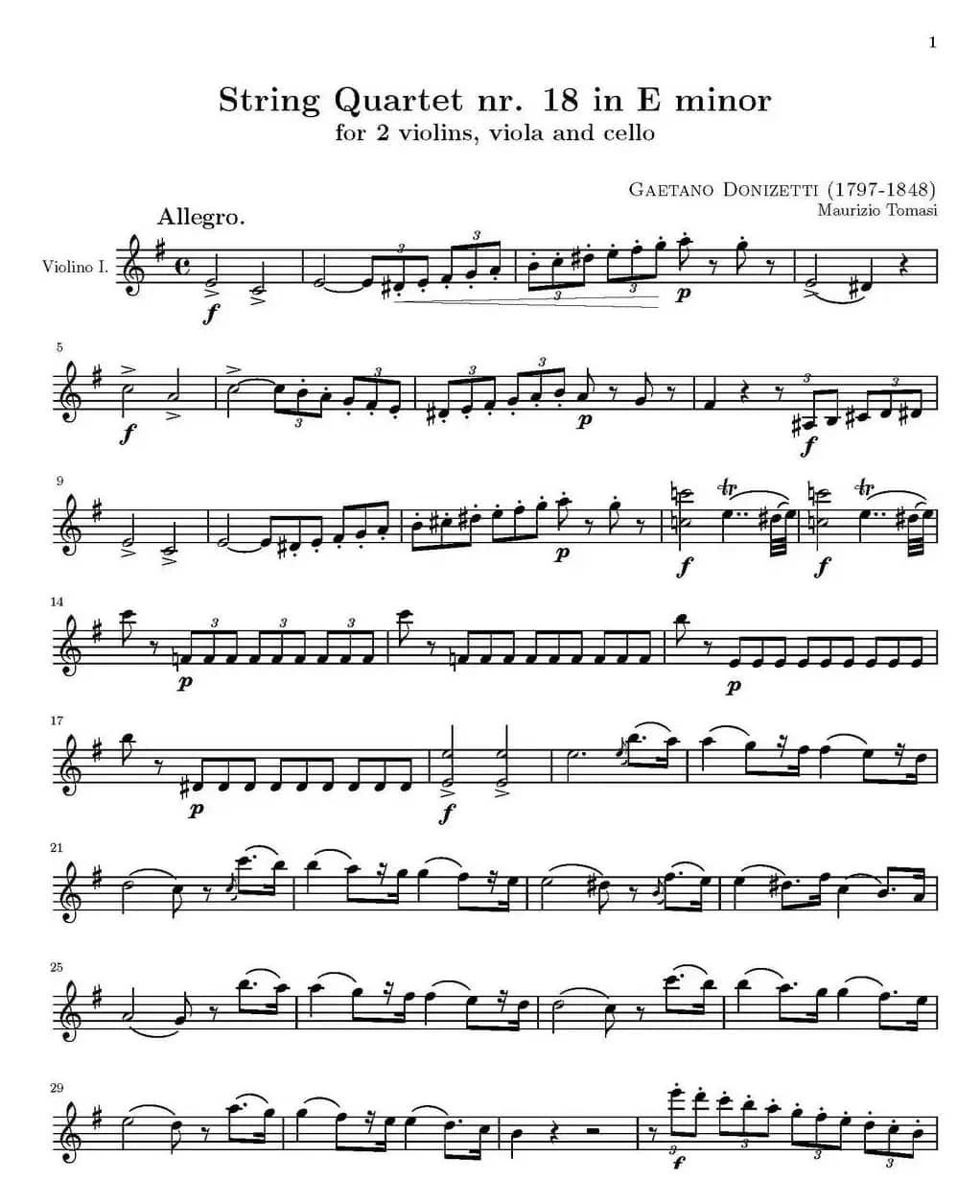 String Quartet nr.18 in E minor（E小调弦乐四重奏）（第一小提琴分谱）