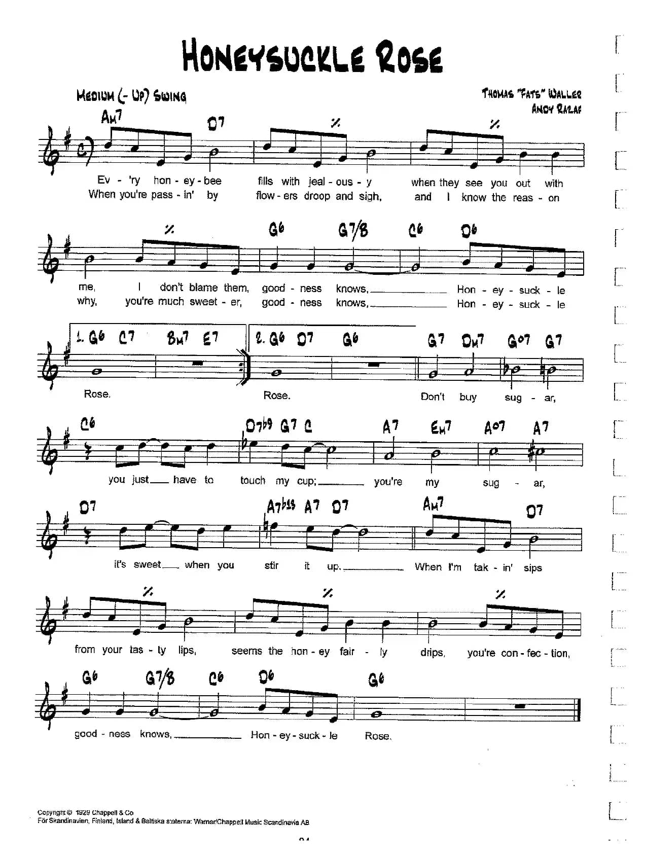 降B爵士乐谱：HONEYSUCKLE ROSE